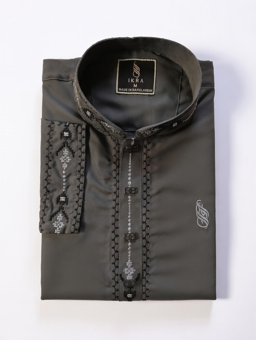 Grey Embroidered Panjabi with Silver Accents