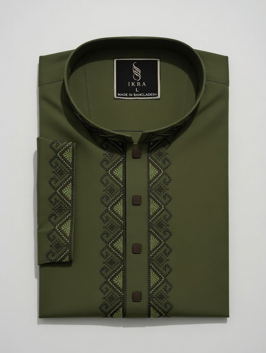 Embroidered Panjabi - Olive Green